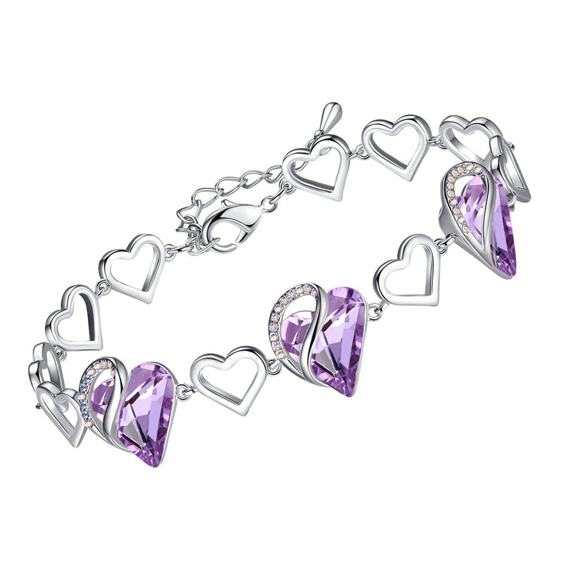 Leafael Infinity Love Heart Link Bracelets, June Birthstone Crystal Bracelet for Women, Silver Tone Jewelry Gifts for Her, Alexandrite Light Purple, 7-inch Chain and 2-inch Extender - Image 1